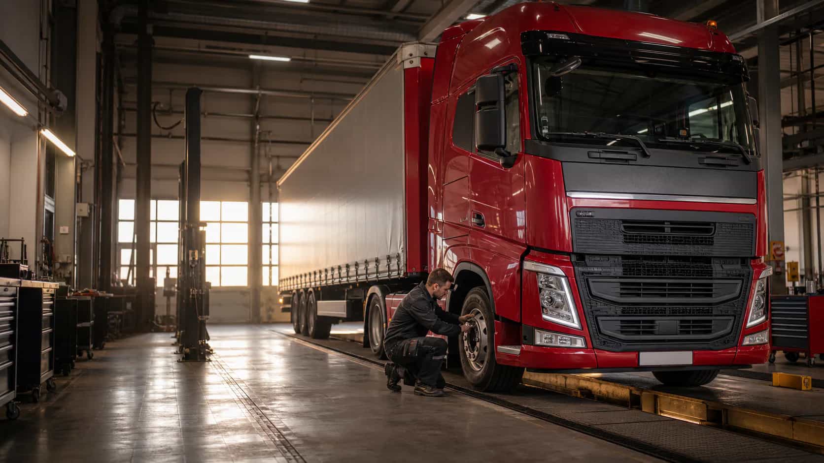 Roter LKW bei der Wartung in einer modernen Nutzfahrzeug-Werkstatt